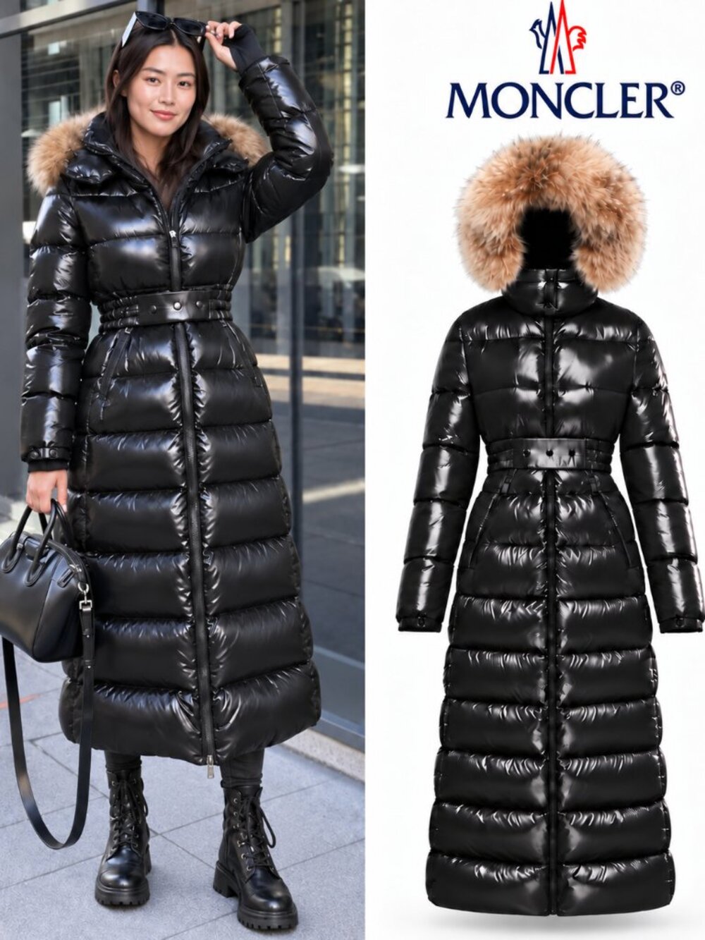 💥HOT ITEM!💥MONCLER HUDSON GOOSE DOWN QUILTED COAT w/ FOX TRIM in GLOSSY BLACK